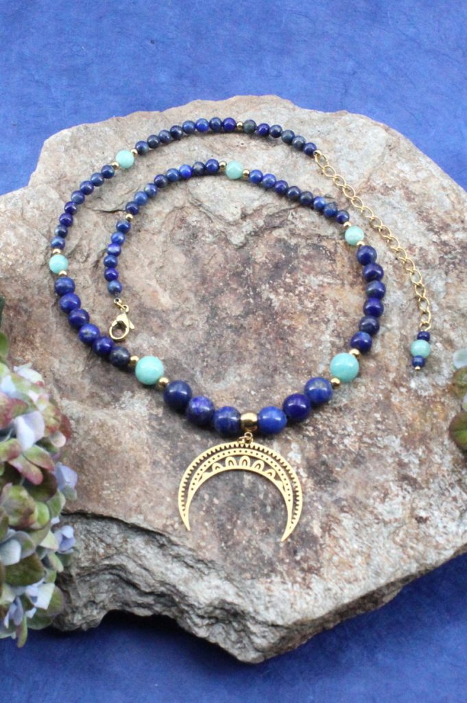 Collier lapis lazuli amazonite et acier inoxydable doré