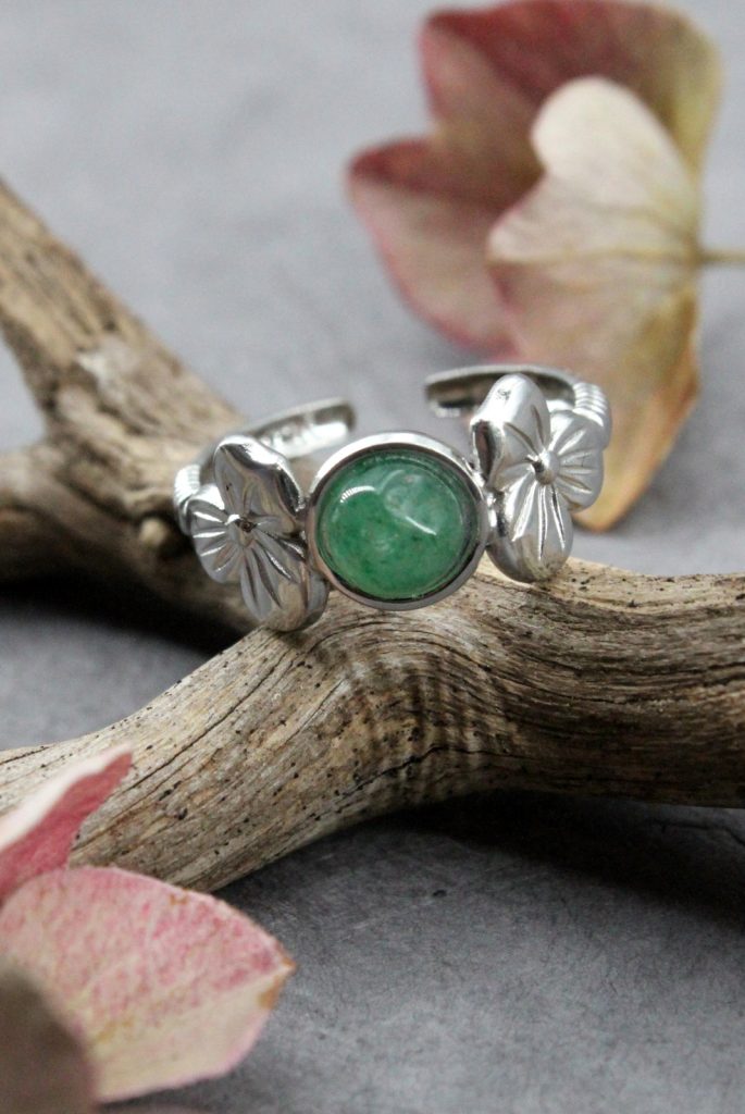 Bague réglable en acier inoxydable 316L avec cabochon rond en aventurine verte 6mm