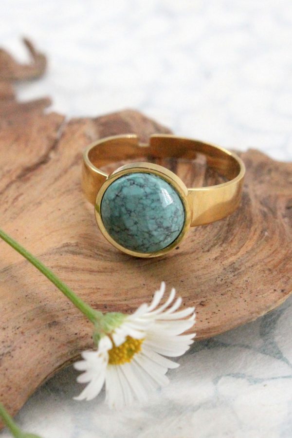 Bague sertie turquoise facettée 10mm acier doré