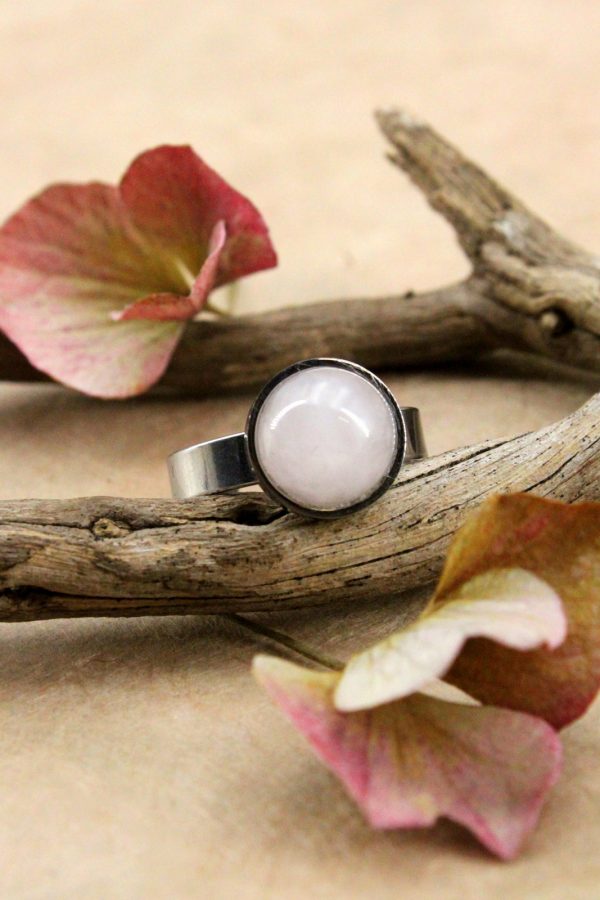 Bague sertie Quartz Rose 10mm, acier inoxydable