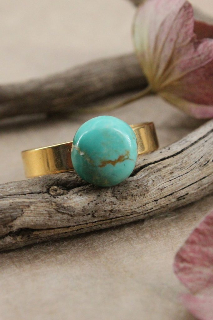 Bague Turquoise Ronde 10mm en Acier Doré