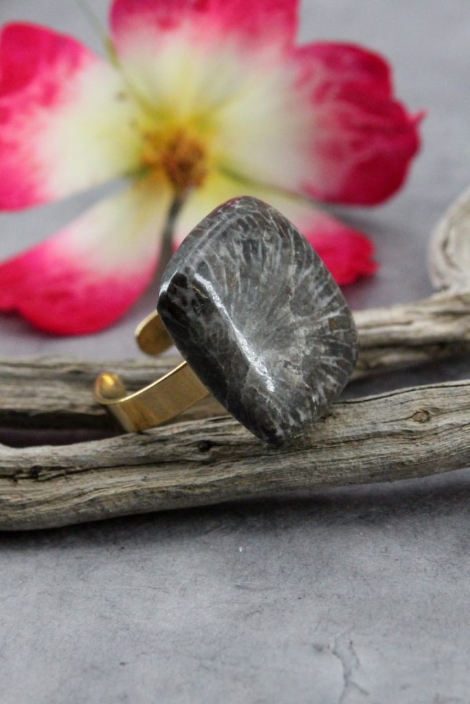 Bague Corail Noir Fossilisé rectangle 22x20mm en acier doré