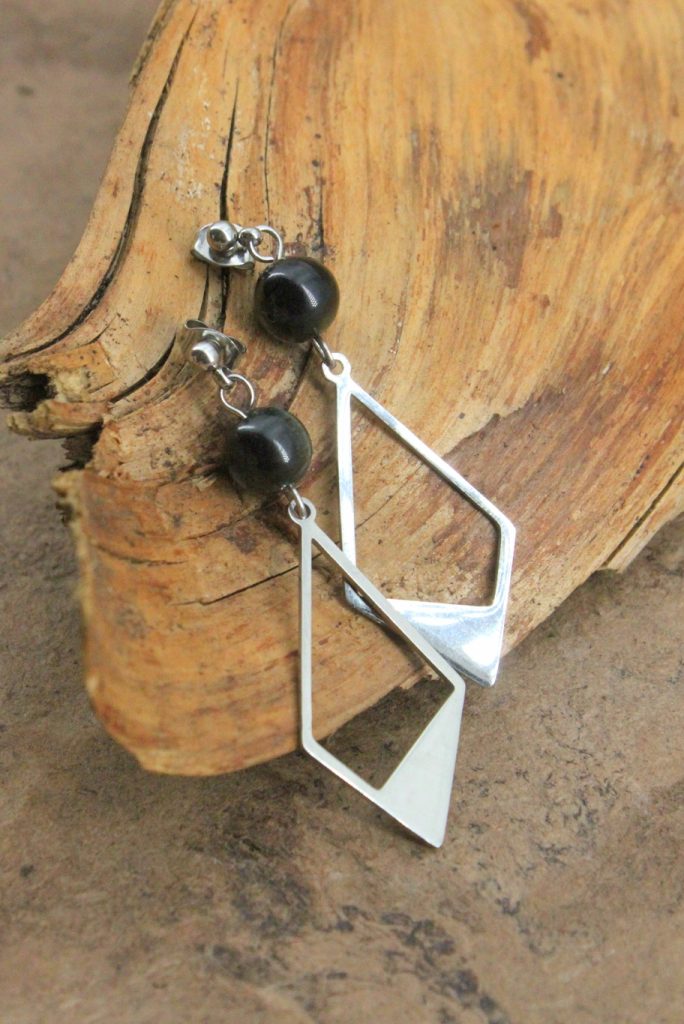Boucles d’oreilles Œil de Faucon 6mm et pendentif losange, acier inoxydable
