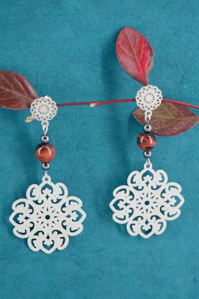 Boucles d’oreilles Mandala en Oeil de Taureau et Hématite, acier inoxydable