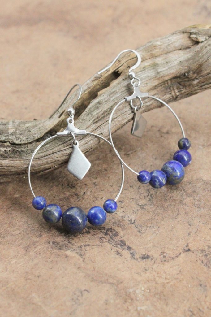 Boucles d’oreilles Créoles en Lapis Lazuli, acier inoxydable