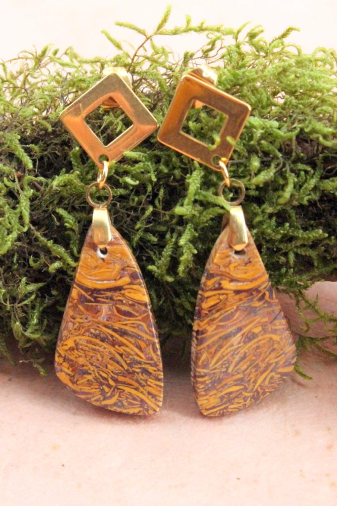 boucles d’oreilles jaspe Mariam aile et clou losange acier inoxydable doré