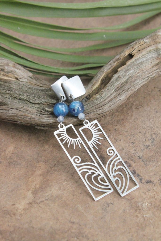boucles d’oreilles cyanite et calcédoine en acier inoxydable motif soleil et vague