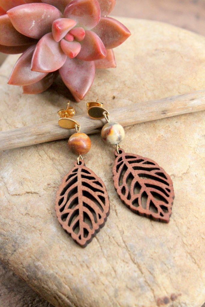 Boucles d’oreilles en agate crazy lace et acier inoxydable doré